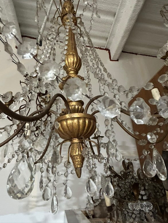Antique Italian Gilded Wood & Crystal Chandelier