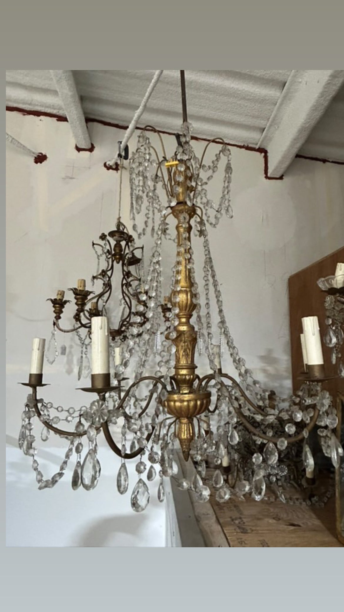 Antique Italian Gilded Wood & Crystal Chandelier