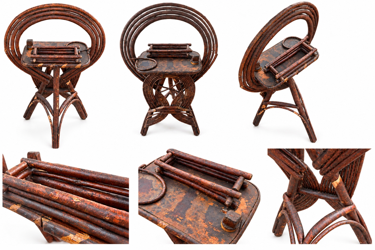American Bentwood Rattan Smoker's Table with Oval Hoop Back — c. Early 20th Century