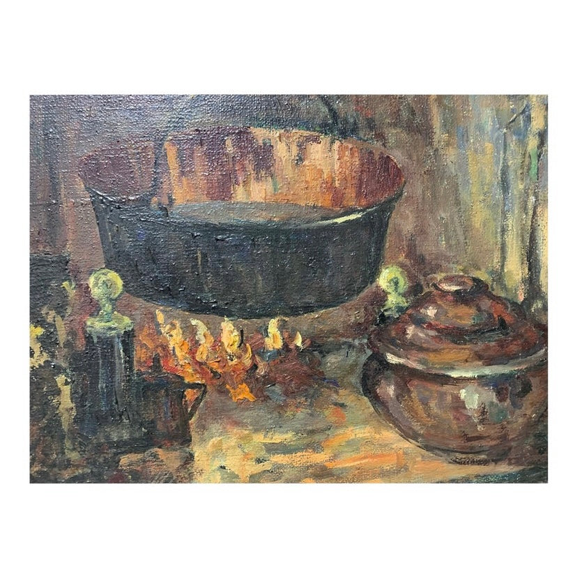 French 20th Century Still Life Kitchen Scene Oil Painting on Canvas
