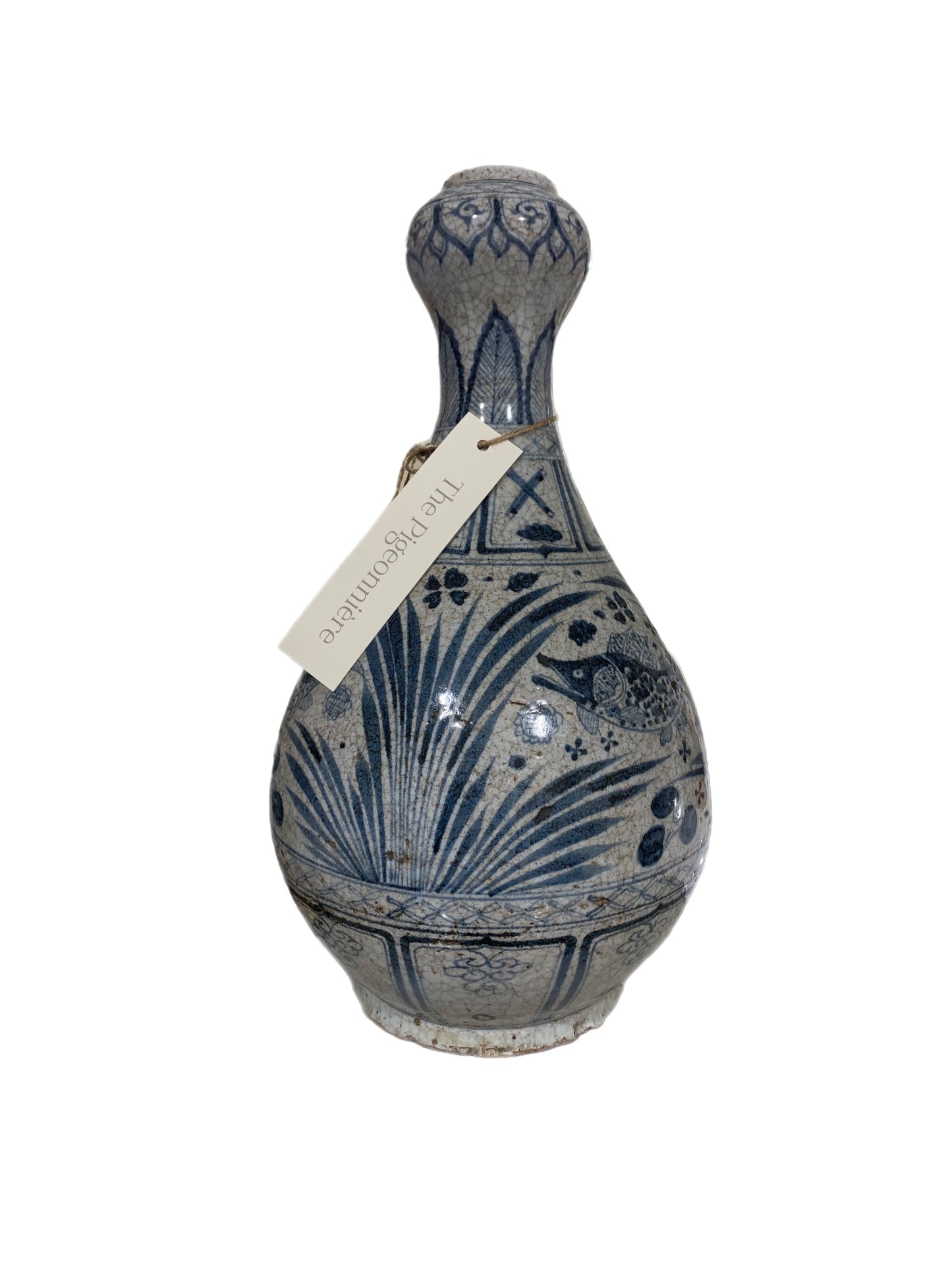 Antique Vietnamese Blue and White Oil Vase with Fish Design