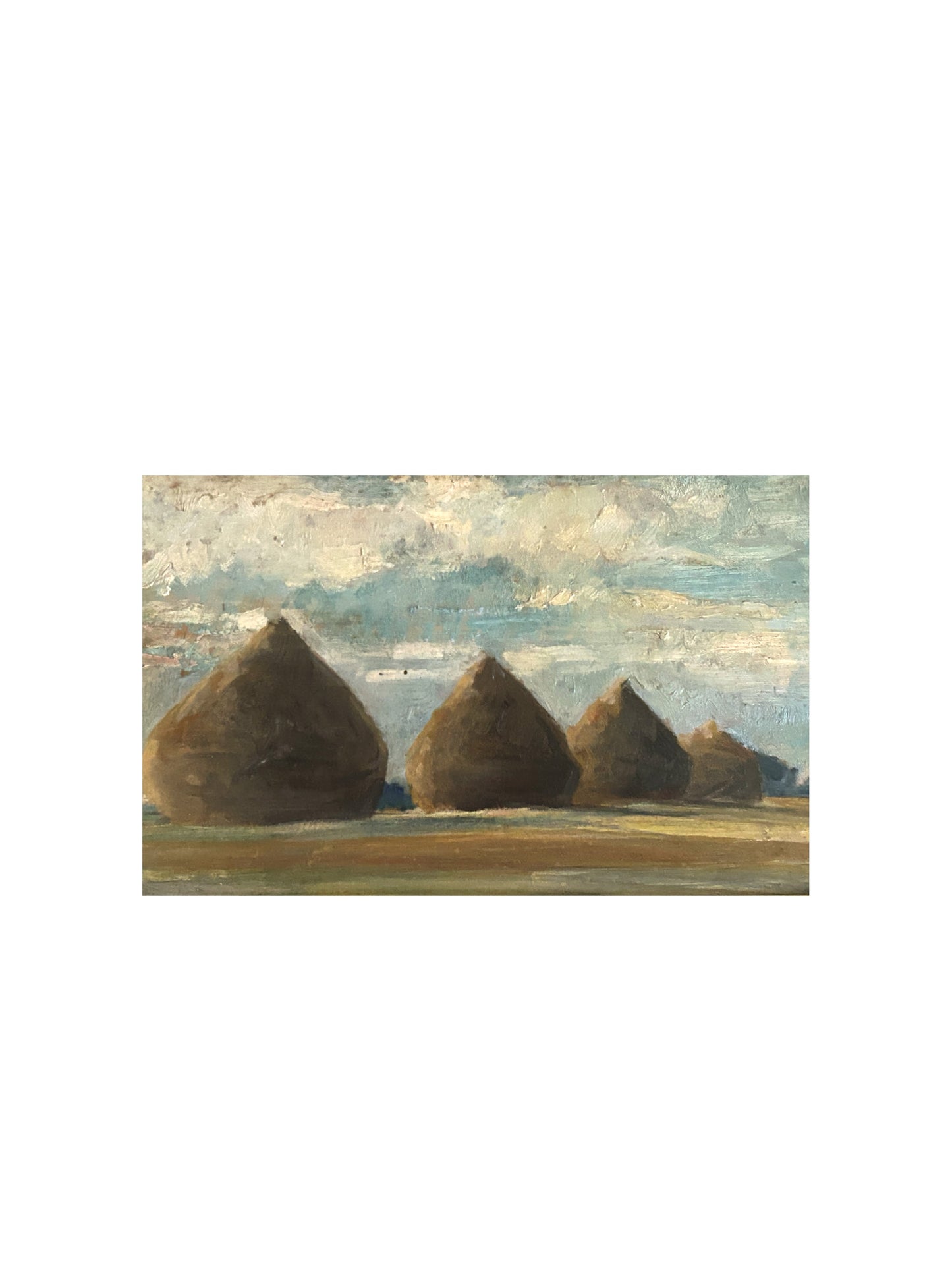 19th Century European Haystack Scene Oil on Board with Gold Gilded Frame
