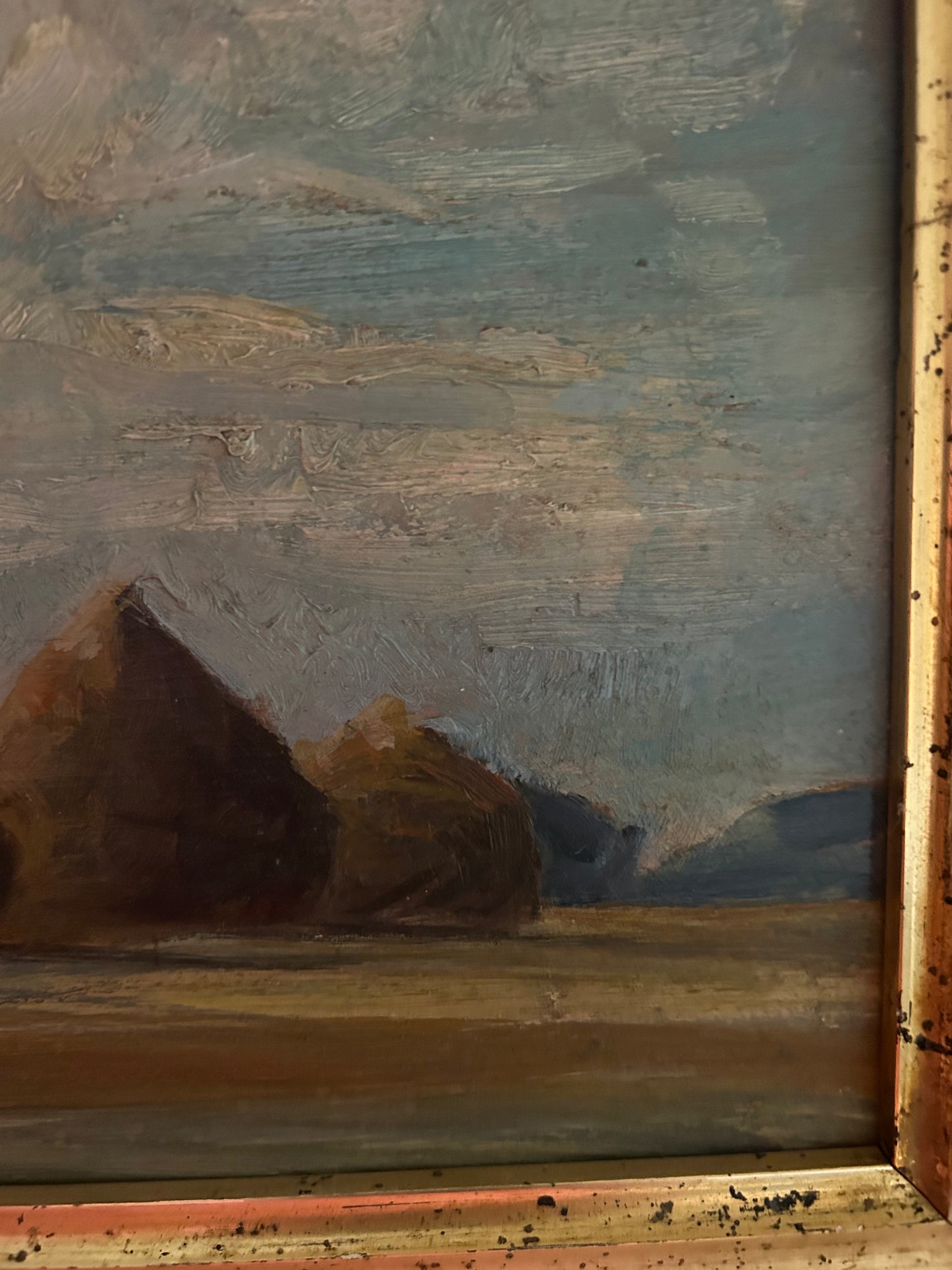 19th Century European Haystack Scene Oil on Board with Gold Gilded Frame