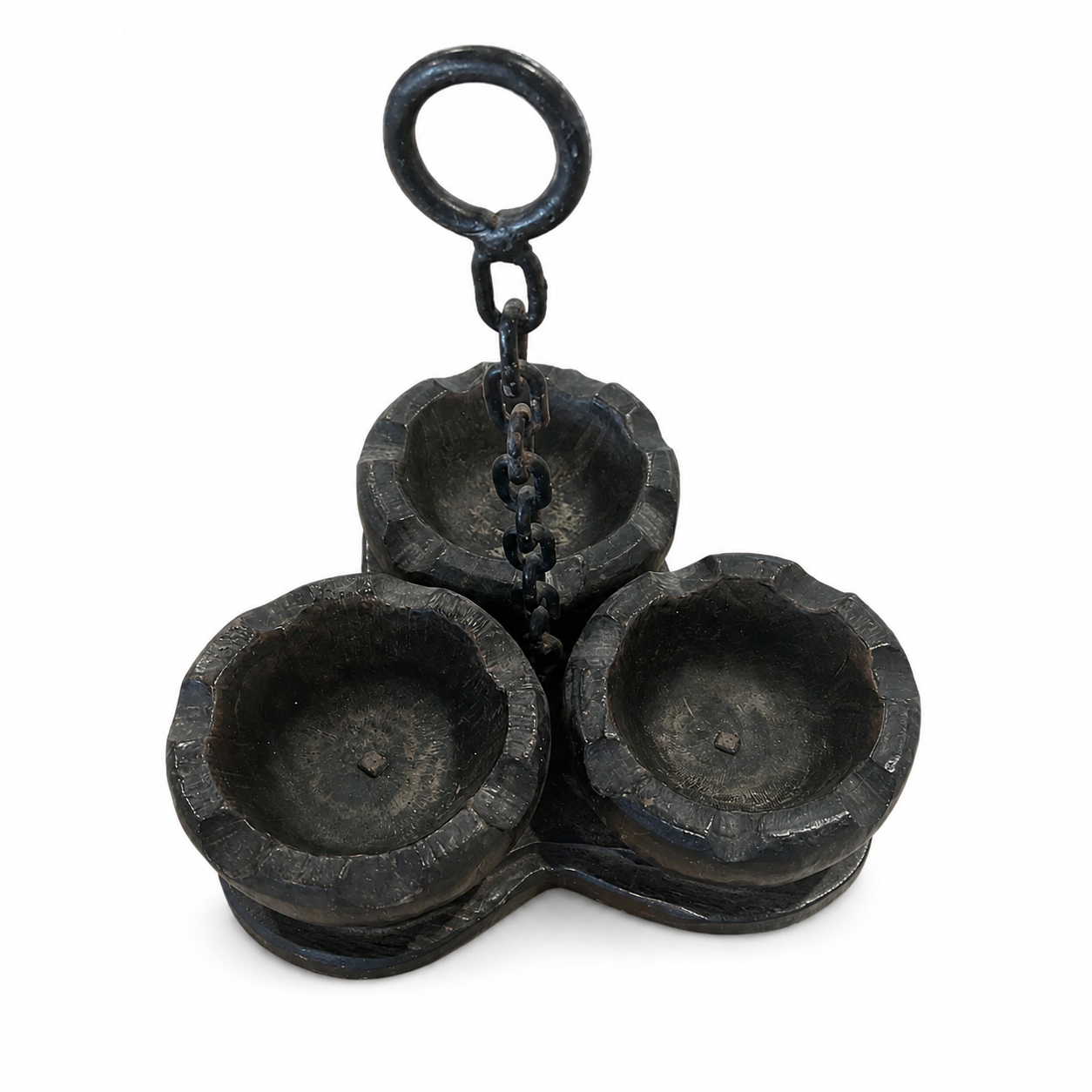 Midcentury Spanish Carved Wood Triple Mortar with Wrought Iron Chain