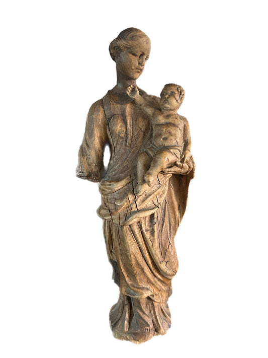 Antique European Hand Carved Madonna and Child
