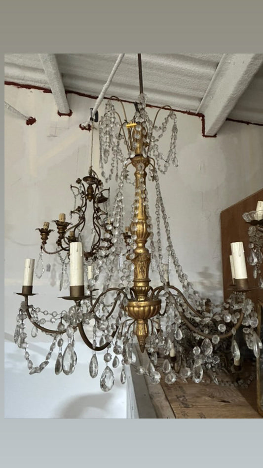 Antique Italian Gilded Wood & Crystal Chandelier