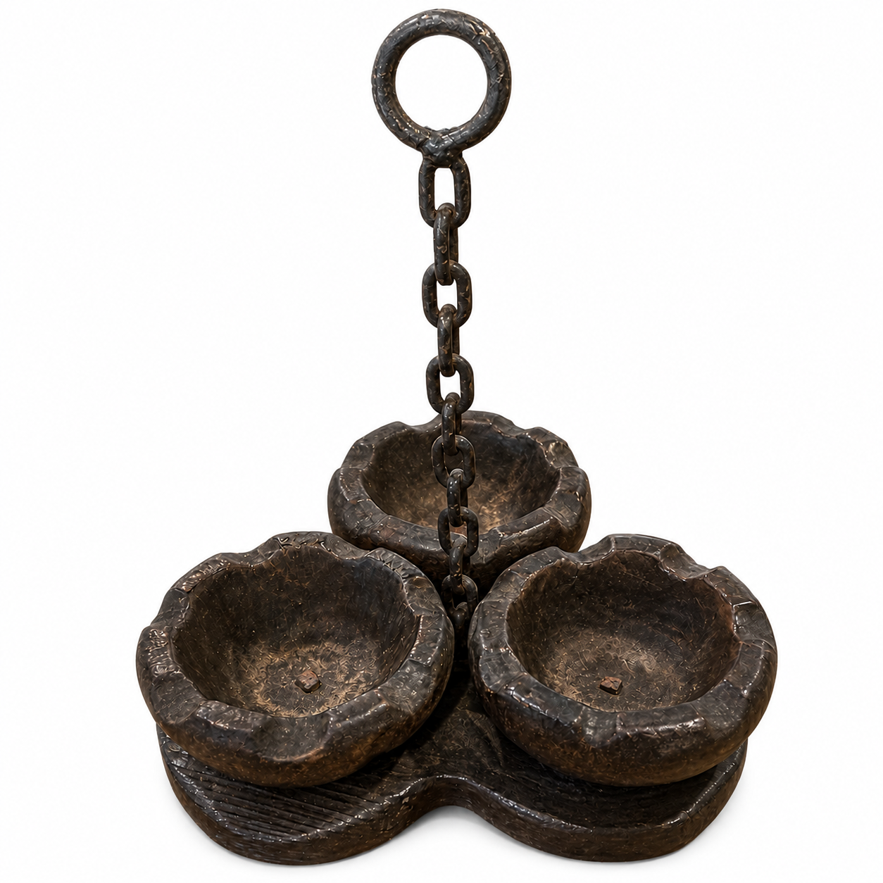 Midcentury Spanish Carved Wood Triple Mortar with Wrought Iron Chain