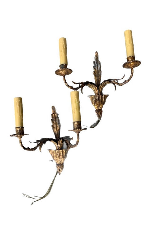 Pair of Vintage Italian Tole Double-Light Sconces