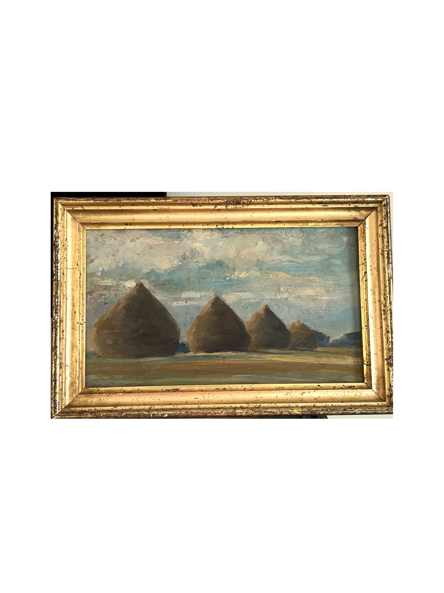 19th Century European Haystack Scene Oil on Board with Gold Gilded Frame