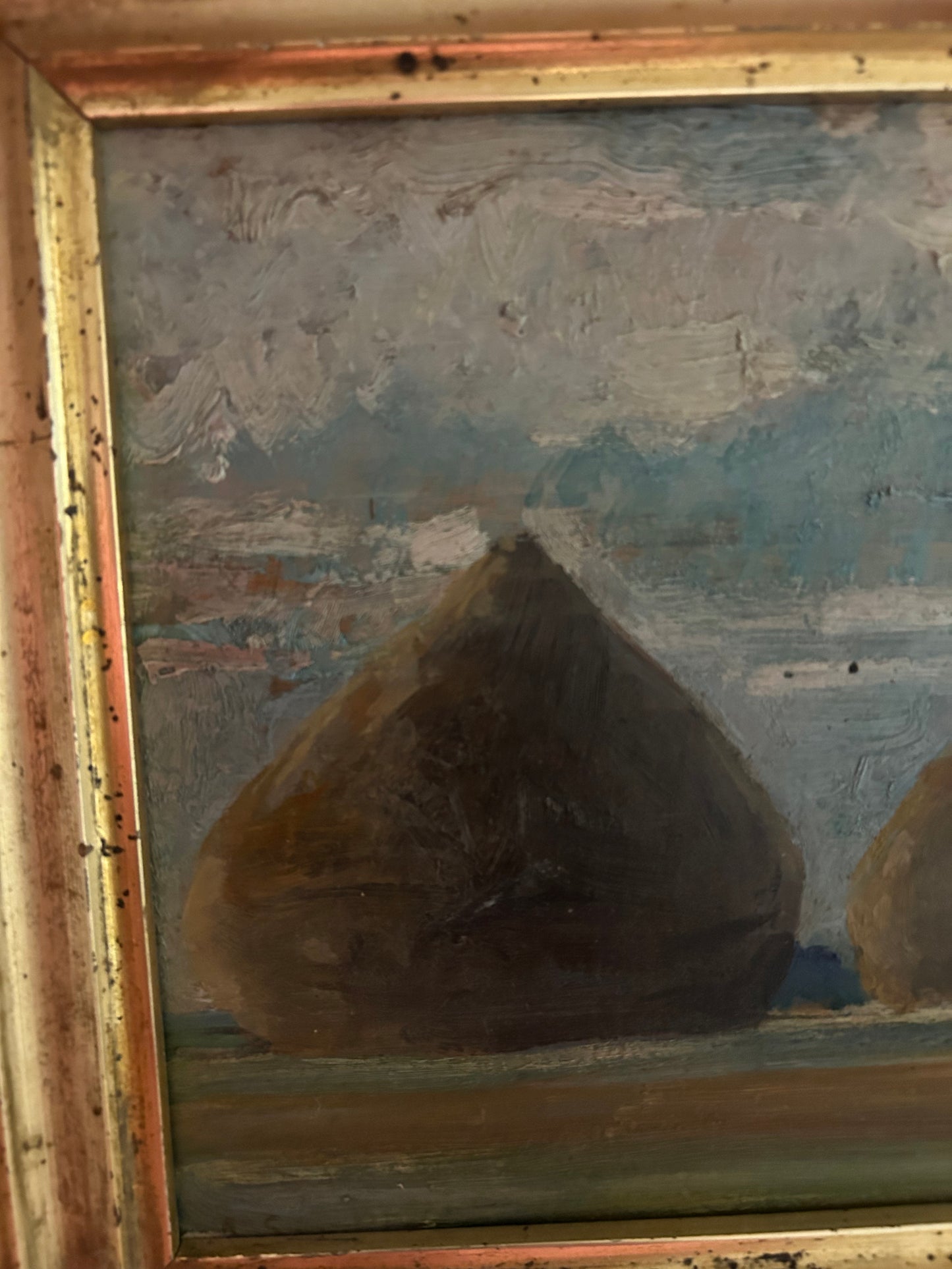 19th Century European Haystack Scene Oil on Board with Gold Gilded Frame